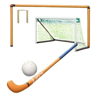 A field hockey stick and ball positioned on a vibrant green grass field, with the goalposts and clear field markings in the background. The scene highlights the lush, well-maintained turf, emphasizing the speed and precision of the sport in an energizing outdoor setting. sticker