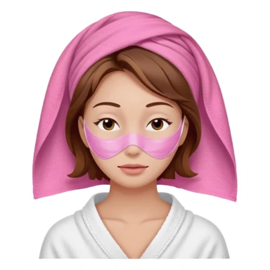 A woman with brown hair partially visible beneath a white towel wrapped around her head. Her face is covered with a pink skincare mask applied to the T-zone and cheeks. She has a calm, content expression with her eyes closed sticker