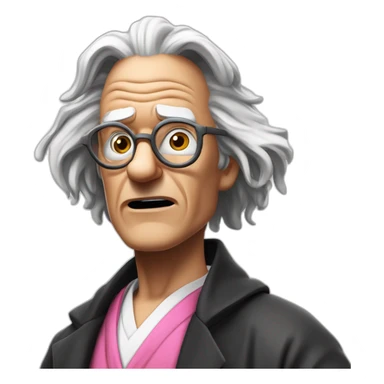 Doc Brown looking shocked and his mouth wide open. No eye-ware. Wearing a dark-silver bathrobe with black trim. Underneath the rob, he is wearing a pink collard-shirt with a white necktie. sticker