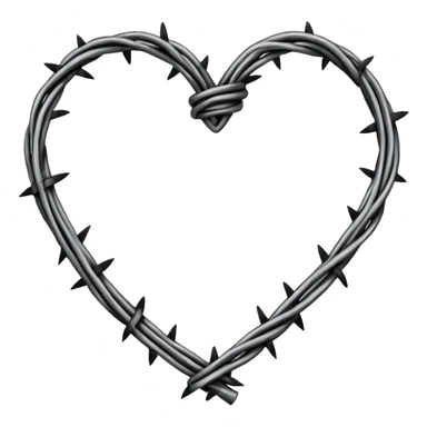 Minimal black line art heart made from barbed wire, hand-drawn sketch look, uneven ink strokes, 6–7 barbs with twisted knots, simple clean outline, centered on plain white background, high contrast sticker