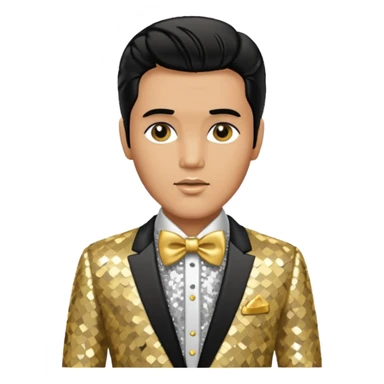 Elvis Presley with silver sequin shirt with gold bow tie, gold sequin suit sticker