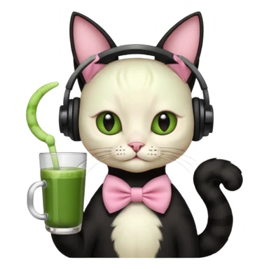 A black cat wearing cute headphones with a glass of matcha, a pink bow on his ear sticker