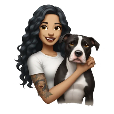 light skin woman with a tattoo of a small cross near her eye and long wavy black hair expressing joy alongide a white and brown pitbull sticker