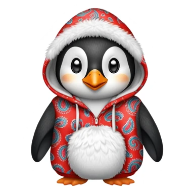 penguin wearing a red paisley pattern hoodie sticker