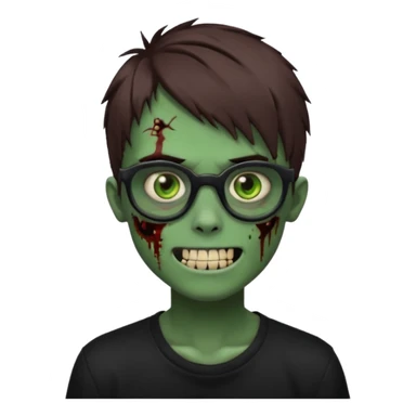 Zombie emo boy, green skin and brown hair and eyes, black glasses and a scary smile with a cut on the side, scars and blood under eyes sticker