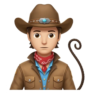 cowboy with a whip portrait, head and shoulders only, cowboy hat, bandana, western jacket collar, whip coiled over shoulder, confident expression, 3D cartoon, mobile game icon style, clean background, no text, no watermark
 sticker