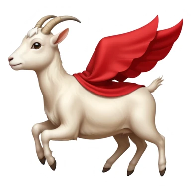 side view of white female goat wearing a read cape like superman sticker