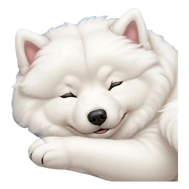 Meme-Worthy Cute Sleeping Samoyed Portrait Emoji, Head resting peacefully with a contented smile, showcasing a delightfully fluffy build and a luxuriously soft pure white Fur, eyes shut in a serene nap, Simplified yet hilariously adorable features, highly detailed, glowing with a soft, drowsy light, high shine, relaxed and utterly lovable, stylized with an air of playful laziness, bright and heartwarming, soft glowing outline, capturing the essence of a comically sleepy companion, so meme-worthy it feels like it could instantly become the next viral sensation of adorable slumber! sticker