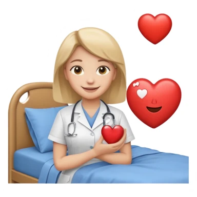 a nurse holding a heart standing beside a bed icon, warm friendly Apple-style emoji sticker