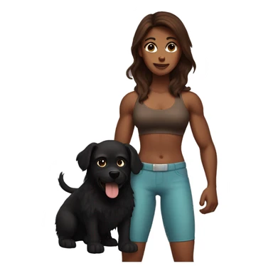 Long brown haired muscular woman holding fluffy black dog sticker