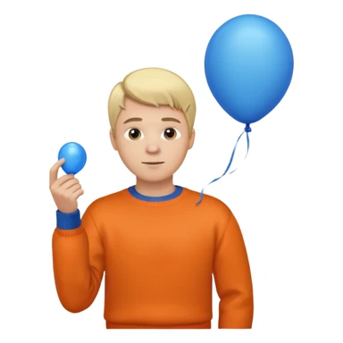 white skin, blonde hair man, orange sweater, hold blue balloon sticker