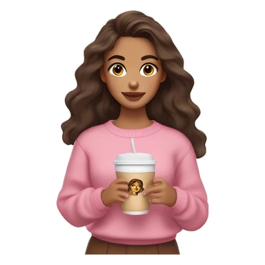 Brunette girl with softs makeup, has a tan skin, wavy long hair, dark brown eyes, wearing pink sweater, has a cup of iced coffee in both hands  sticker