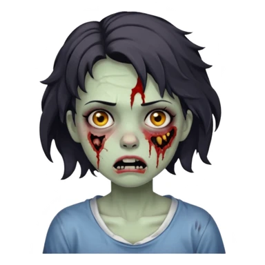 Zombie girl with bruises, she has a dark short wavy hair, she has a tired expression and BLACK eyes, she has dark circles too, her mouth is ripped sticker