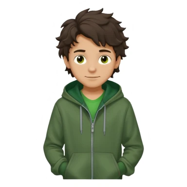 a 14 year old slightly tanned teenage boy with dark brown tousled wavy hair, dark brown eyes wearing a green tshirt, with a dark green hoodie overcoat. smirking. full body sticker