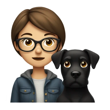 A girl with brown hair and big glasses with a black dog sticker