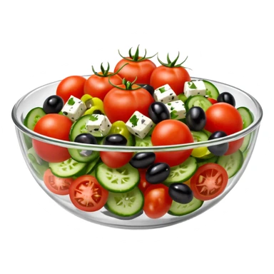 mediterranean salad bowl object icon, served in a transparent glass bowl, tomatoes, cucumbers, olives, feta cheese, olive oil dressing, glossy fresh look, 3D cartoon, mobile game icon style, centered, clean background, soft shadow, no text, no watermark sticker