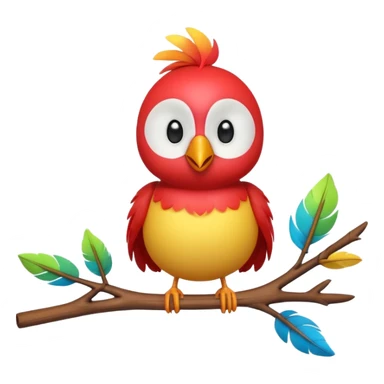 A colorful 3D cartoon bird perched on a small branch, bright feathers, round eyes, and cheerful smile, soft lighting, Memoji-style rendering. sticker