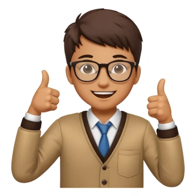 un estudiante que este parado con sus lentes guiñando el ojo y CON LAS MANOS HACIA ARRIBA DANDO LIKE sticker