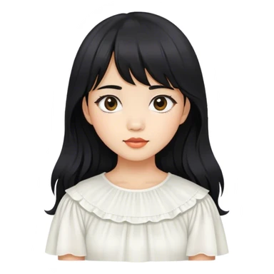 a southeast asian fair skinned girl with slightly wavy long layered black hair with curtain bangs wearing white top sticker