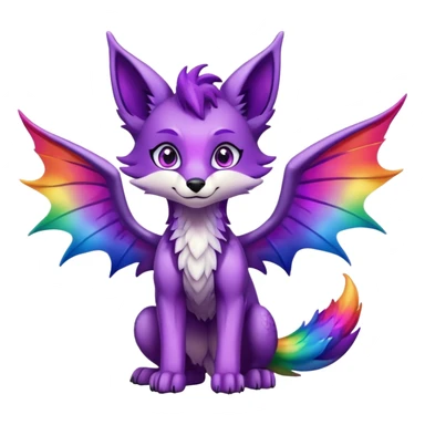 Cartoon Fox dragon hybrid purple eyes with wings face front full body dark rainbow colored sticker