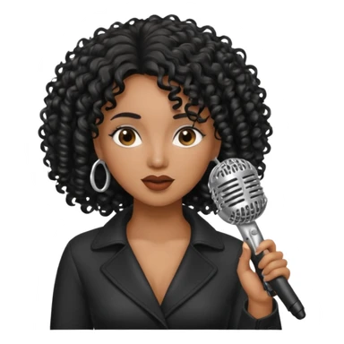 brown skin woman, curly black hair, singer, hold micro sticker