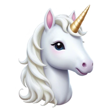 Cinematic Cute White Unicorn Portrait Emoji, Head tilted playfully and inquisitively, featuring a charming, petite form with a silky white color, a delicately flowing mane and tail, and a tiny, sparkling horn, with large, dreamy eyes full of wonder, Simplified yet irresistibly adorable features, highly detailed, glowing with a warm, enchanting glow, high shine, affectionate and lively, stylized with a touch of fairy-tale whimsy, soft glowing outline, capturing the essence of a mischievous yet endearing white unicorn that seems as if it could gallop out of the screen into your heart! sticker