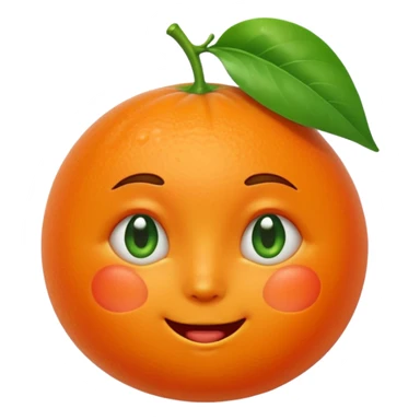warm emotional tangerine emoji with teary eyes, gentle smile, blushing cheeks, green leaf on head sticker