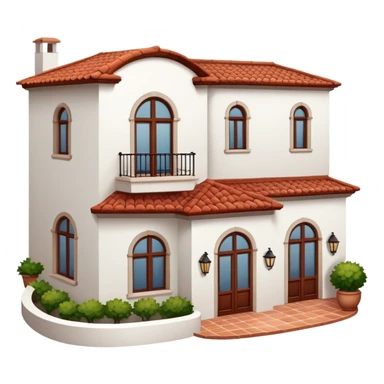 White stucco Spanish villa with red clay tile roof, arched windows, and small balcony sticker