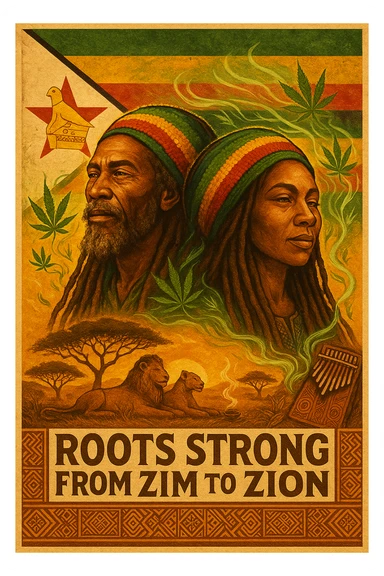 Design a powerful digital illustration in vintage poster style featuring a proud Zimbabwean Rasta man and woman with long dreadlocks and a knitted red, gold, and green tam. The background should blend the iconic Zimbabwe flag with textured detail — the red star, bird emblem, and bold stripes clearly visible but stylized with artistic flair. Add rich African earth tones, golden sunlight, and natural scenery like acacia trees, lions, or smoke from a healing herb circle. The Rasta should have a wise, peaceful expression — eyes full of ancient memory and inner fire. Incorporate ganja leaves subtly in the design, maybe flowing with the wind or circling the character like aura energy. Accent with traditional Shona patterns or mbira (thumb piano) motifs. Let the message reflect strength, unity, and ancestral healing. Optional text: “Roots Strong from Zim to Zion” or “Mash up Babylon from Harare to di hills.” sticker