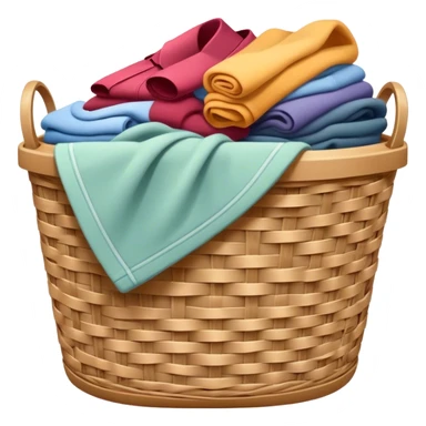 A laundry basket filled with clothes, some neatly folded and others piled up. The basket is made of plastic or woven material, with handles on the sides sticker