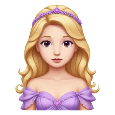 Cinematic Realistic Rapunzel Portrait, with porcelain-like skin featuring a subtle, natural glow, illuminated by soft lighting that brings out the gentle contours of her face. Her long, golden blonde hair cascades in detailed waves, each strand highlighted with a radiant shimmer as it catches the light. She playfully holds a flower in one hand, her other hand resting casually in her lap, with a warm and spirited expression. Her bright, expressive green eyes exude curiosity and warmth, framed by delicate lashes and soft, arched brows. She is dressed in her classic lavender and pink gown, the fabric textured with delicate folds that flow naturally, catching the light with a soft, radiant glow. The portrait captures a luminous, enchanting aura, seamlessly blending realism with a whimsical, fairytale charm, evoking a timeless sense of beauty and magic. sticker