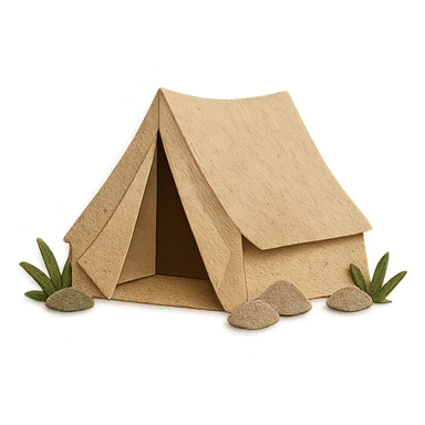 beige camping tent, paper craft style, very detailed fabric texture, pitched tent with open flap, surrounded by grass and small rocks sticker