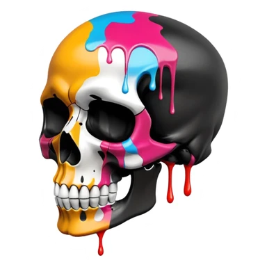 smooth black skull with street art colors and brand logos painted within the skull's surface, minimal paint drips that don't extend past skull outline, angled view sticker