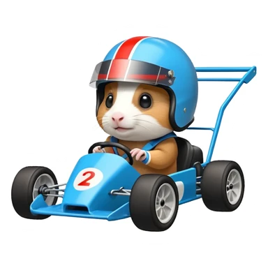 Racing drift car whose frame and suspension is made of shopping cart material is being professionally steered driven by a small thin Guinea pig  sticker