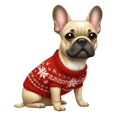 A Frenchie with a Christmas sweater sticker