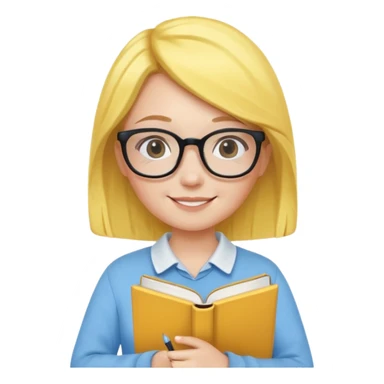 A smart and cute girl with yellow bobbed hair, wearing sky blue clothes,
I hold a book in one arm. There is a pen in the book.
He is wearing black-rimmed glasses and smiling brightly. sticker