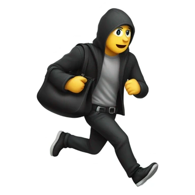 thief running with a black bag in shoulder and money flying sticker