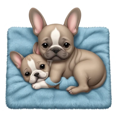 Gray French bulldog puppy, sleeping on a realistic fuzzy blanket with his mom sticker