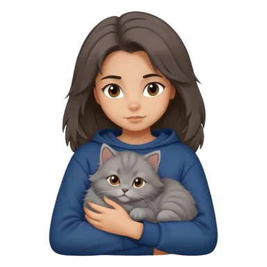 Brunette girl with dark blue sweatshirt snuggling a fluffy grey Siberian cat, cute cartoon style sticker