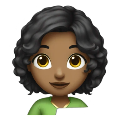 a girl with shoulder length black hair, big ears, green eyes, and a gold heart necklace working on a laptop sticker