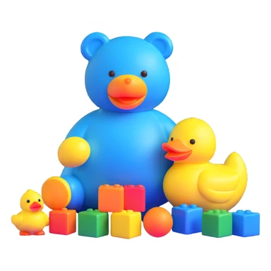 bright playful toys scattered - blue teddy bear, yellow rubber duck, colorful building blocks, rainbow ball, cartoon action figure sticker