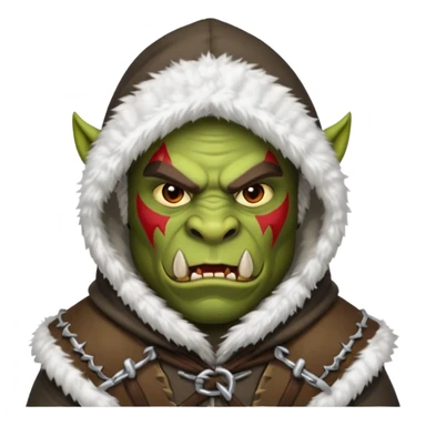 Fantasy Christmas orc raider icon, winter bandit style, fur hood, aggressive cunning expression, snowy action mood, clean emoji portrait style, male/female variant
 sticker