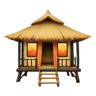 bamboo hut with volcano in the back in Volcano Island  sticker