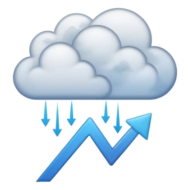 Abstract minimalist emoji showing a downward fading arrow dissolving into mist, with scattered broken lines and a heavy low-hanging cloud form above, symbolising a discipline slump and loss of structure. Muted tones, soft gradients, flat vector icon, transparent background. sticker