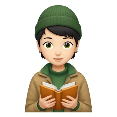 tan skin, non binary person with pixie cut black hair, wearing brown jacket and dark green beanie, shy smile , reading  book  sticker