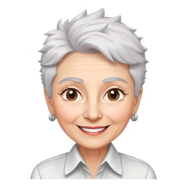 Senior version of Marian Pabón with defined facial structure, light pinkish skin showing age, almond eyes, arched eyebrows, charismatic wide smile, short spiky white-gray hair, more pronounced aging features, wearing a formal white buttoned shirt sticker