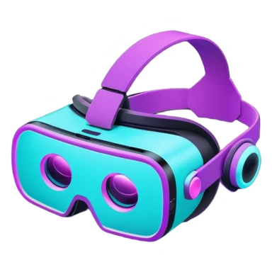Futuristic glowing neon VR headset, purple and cyan light, dark background, digital tech style sticker