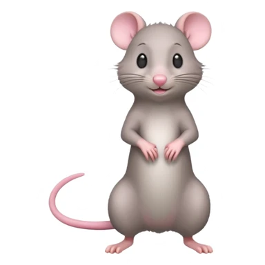 A 3D cartoon rat standing on its hind legs, gray fur, long pink tail, small round ears, curious smile, soft natural lighting, realistic yet cute Memoji-style. sticker