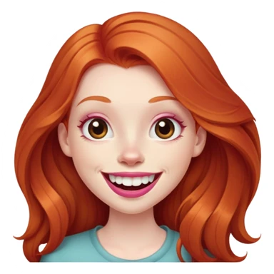 Young girl with pale skin, longer face, full pink lips smiling with big teeth, very long ginger red hair, big brown eyes, bigger nose, big mouth sticker