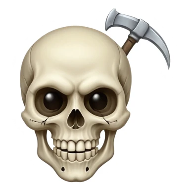 A laughing skull with a scythe crossed behind it, one eye socket winking. Clean, stylized lines, flat vector. Medieval woodcut style. Black and white with one accent color (tarnished silver). No background. sticker